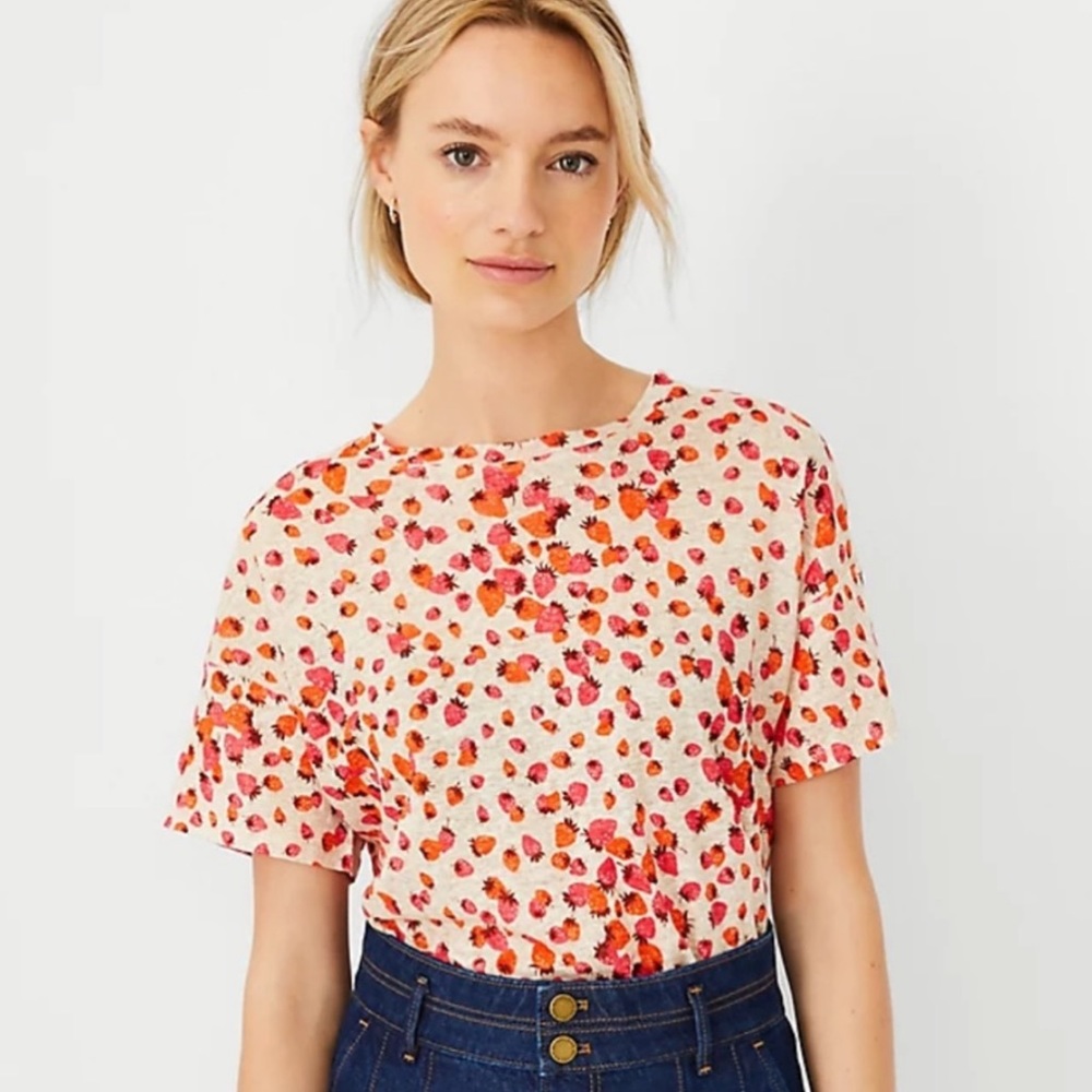 Ann Taylor Linen Crop Top, Cute Strawberry Pattern, Size S